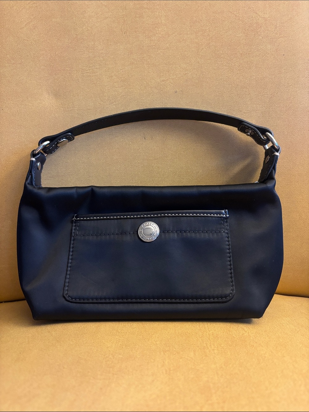 Coach Black Mini Shoulder Bag with Front Patch Pocket and Snap